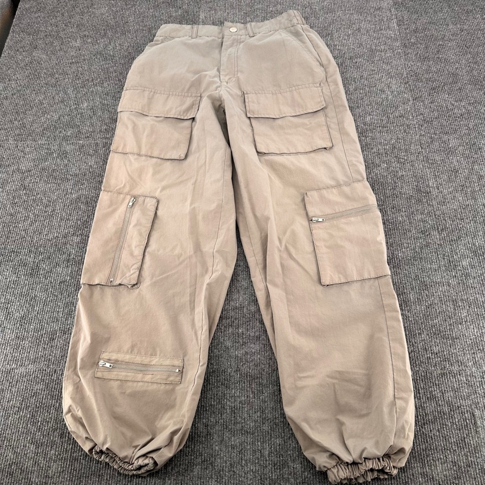 Y2K Cargo Parachute Tactical Pants Women Small Multi-Pocket Zipper‎ Khaki Baggy